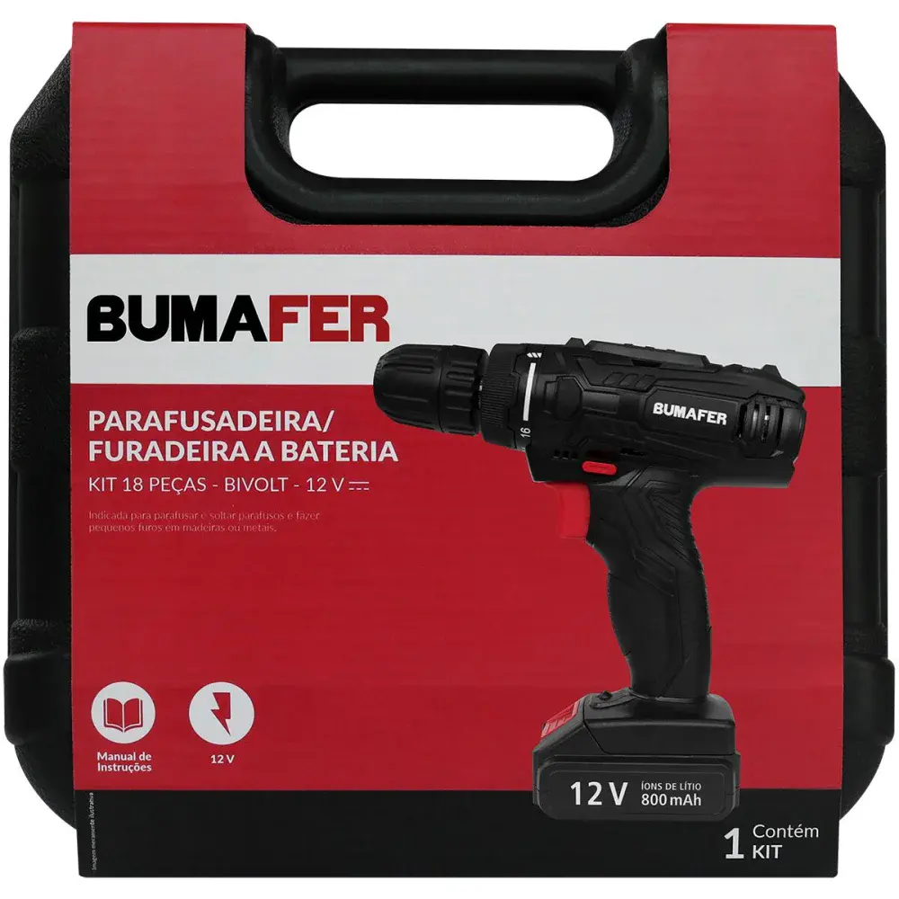Furadeira/parafusadeira à bateria 18 peç bivolt Bumafer — fotografia 9