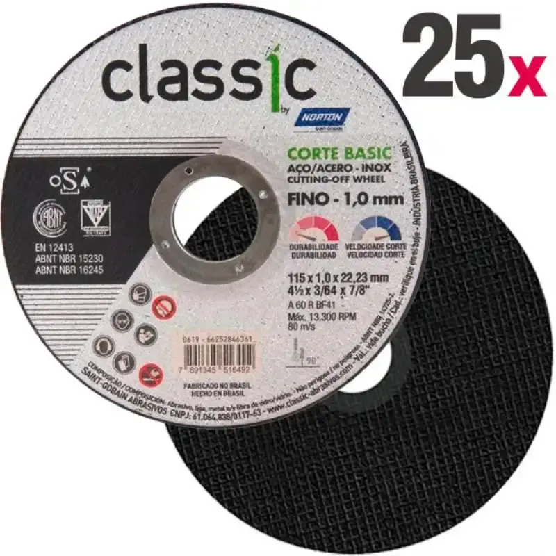 Disco de Corte 4.1/2 POL x 1.0 MM Aço Inox Classic Corte Basic Kit 25 Peças NORTON