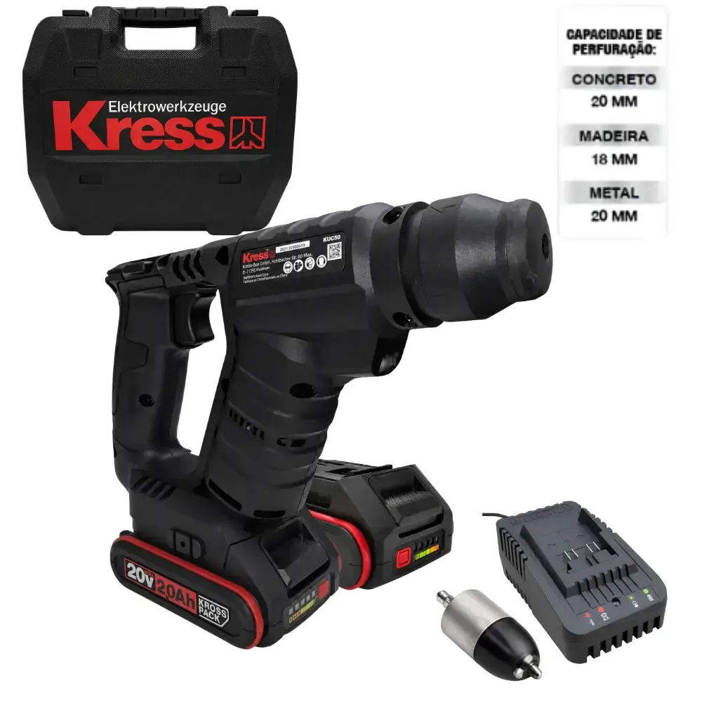 Martelete plus brushless tile pulse 20V 1,7J com 2 baterias carregador e maleta Kress