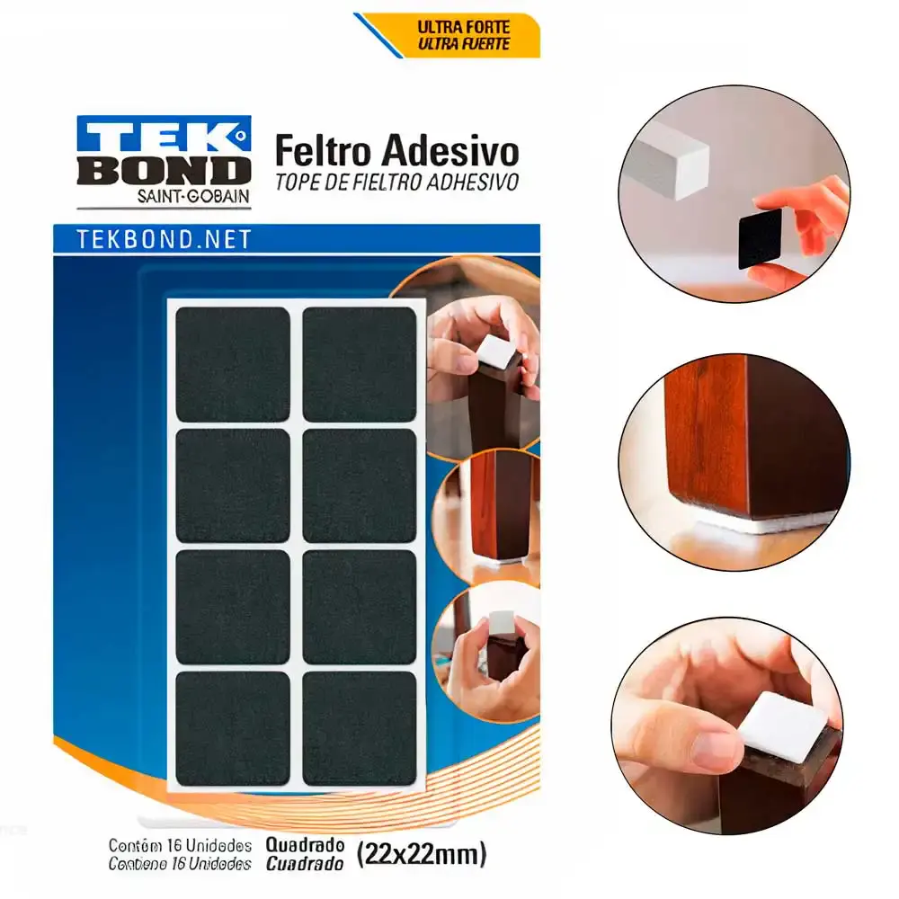 Feltro quadrado preto com 16 unidades 22MM protege pisos e móveis 23801002200 Tekbond — fotografia de referência