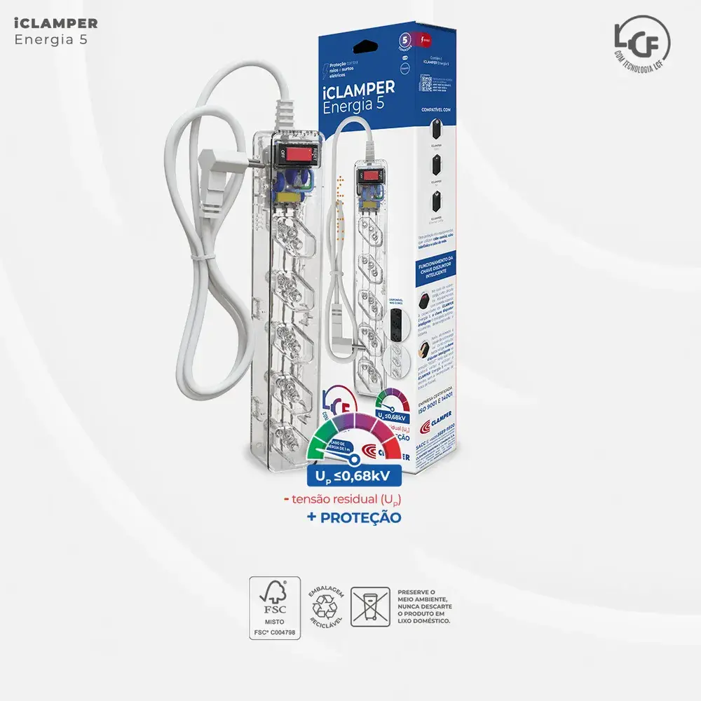 Filtro de linha dps CL3 5 tomadas 2P+T 10A transparente Clamper — fotografia 6