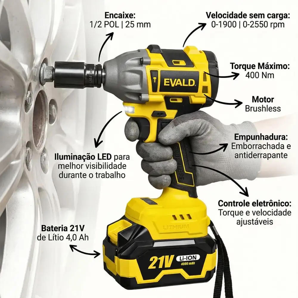 Chave de impacto 1/2 POL 21V brushless com 2 baterias 4AH e maleta EV-3500 Evald — fotografia 6