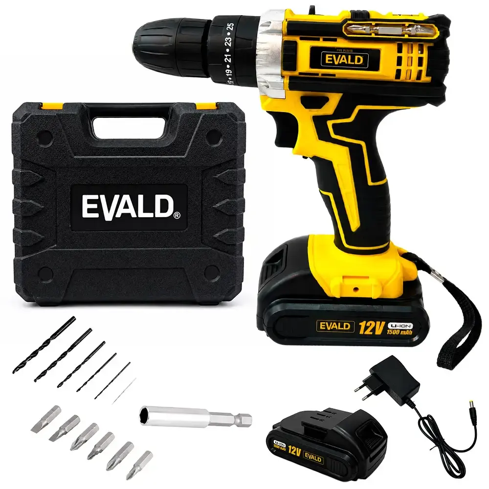 Parafusadeira furadeira bateria 12V com impacto bivolt PFE-012EVI Evald