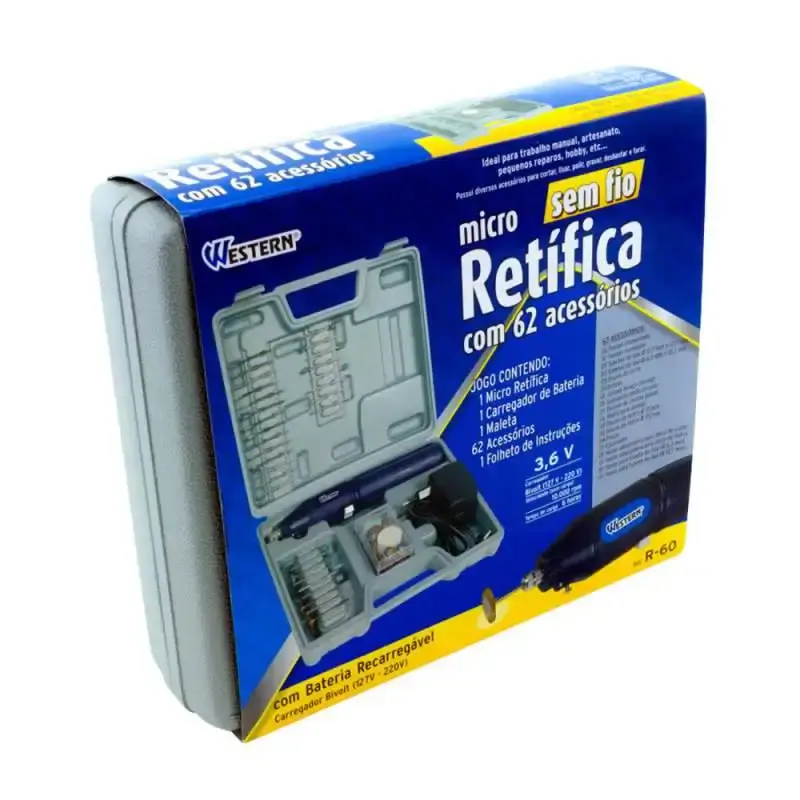 Micro retífica à bateria 3,6V kit 62 acessórios bivolt R-60 Western — fotografia 3