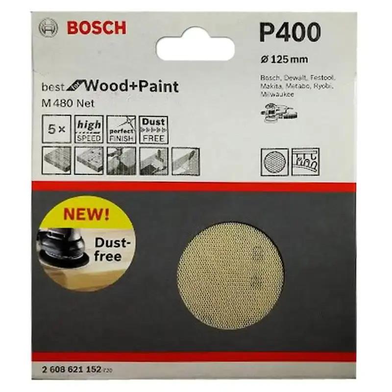Disco de Lixa Best for Wood & Paint 5 POL M480 c/ Velcro Grana 400 com 5 Unidades BOSCH — fotografia de referência
