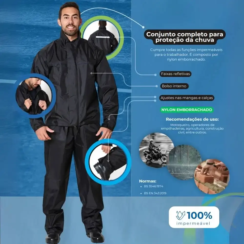 Conjunto motoqueiro capa de chuva blusão e calça nylon Evald XG — fotografia 5