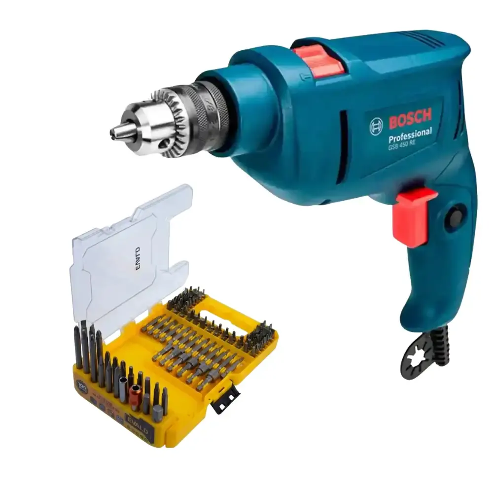 Kit furadeira industrial 3/8 pol 450W Bosch estojo de bits e soquetes 100 peças evald 220 V — fotografia de referência