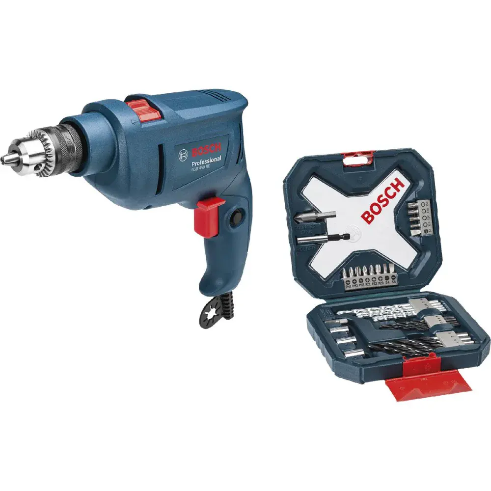 Kit furadeira parafusadeira de impacto GSB450RE 450W 127V e maleta x-line 34 peças Bosch
