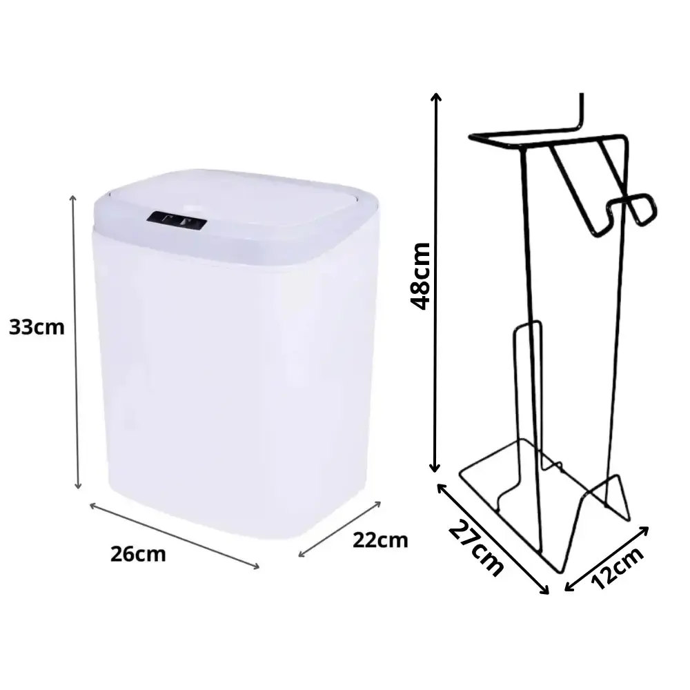 Lixeira automática branca 16 litros USB Kala com suporte para papel higiênico 3 rolos preto evald — fotografia 3