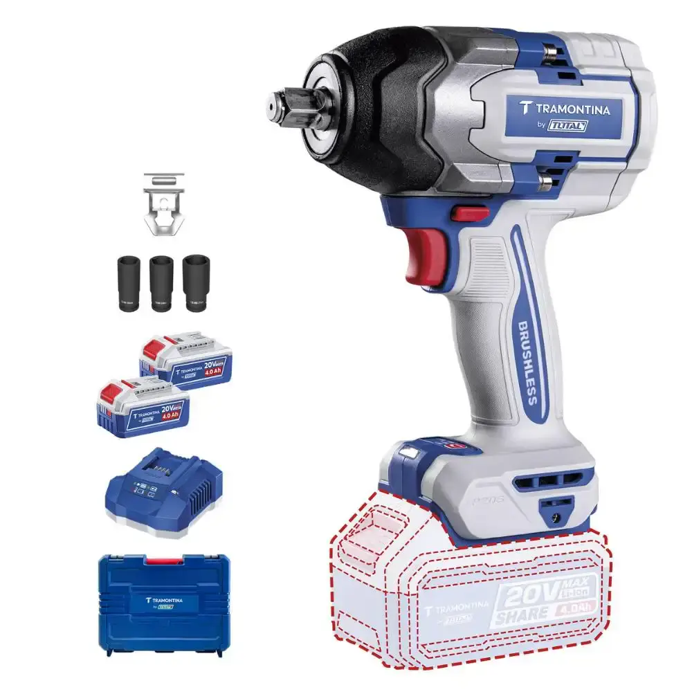 Chave impacto 1/2POL 20V 850 n.m brushless 2 baterias 4AH carregador maleta Tramontina — fotografia de referência