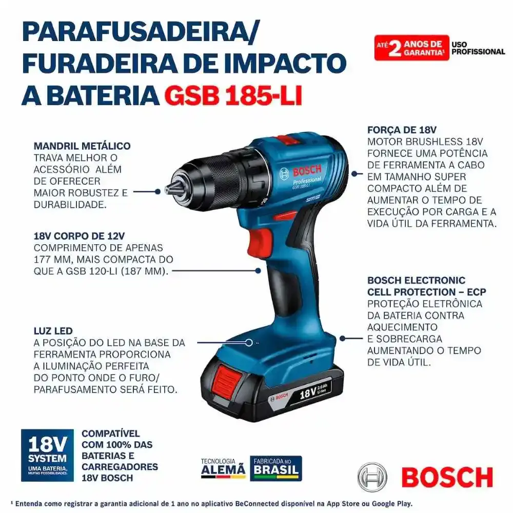 Parafusadeira de impacto 65NM brushless com 2 baterias 4,0AH carregador bivolt e estojo 15 peças Bosch — fotografia 7