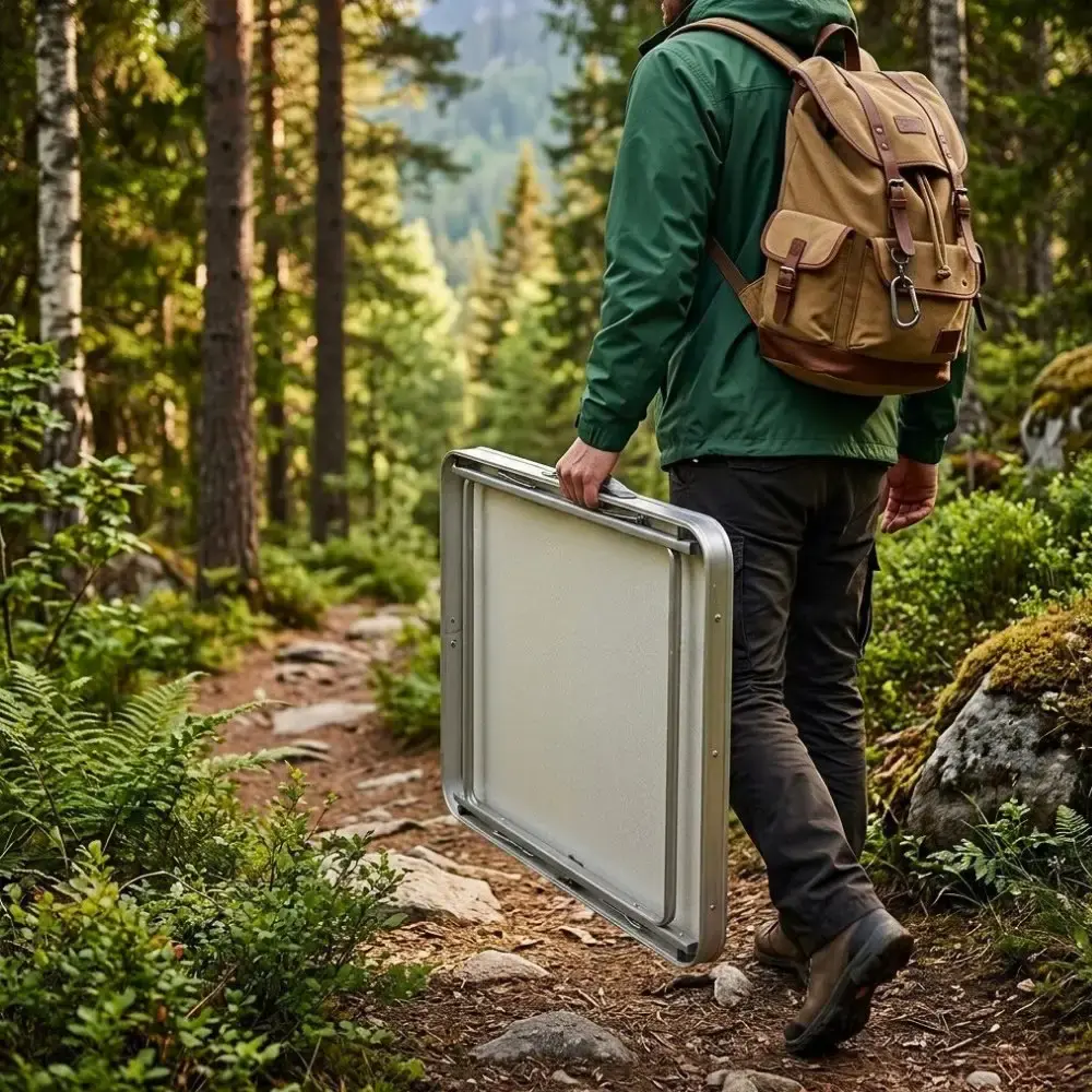 Mesa Prática Vira Maleta Camping de Alumínio 80cm x 60cm Branca ZELT — fotografia 6