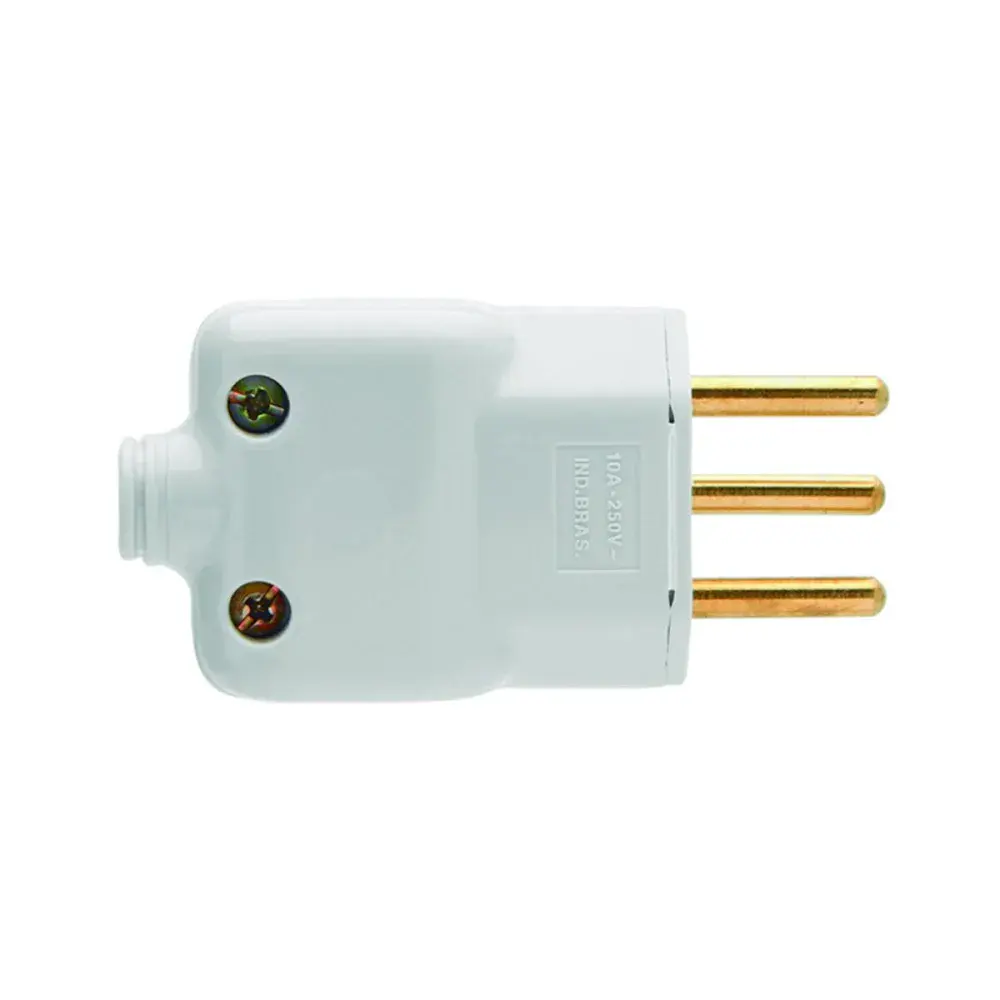 Plugue macho 3 pinos prensa cabo 10A branco Ilumi