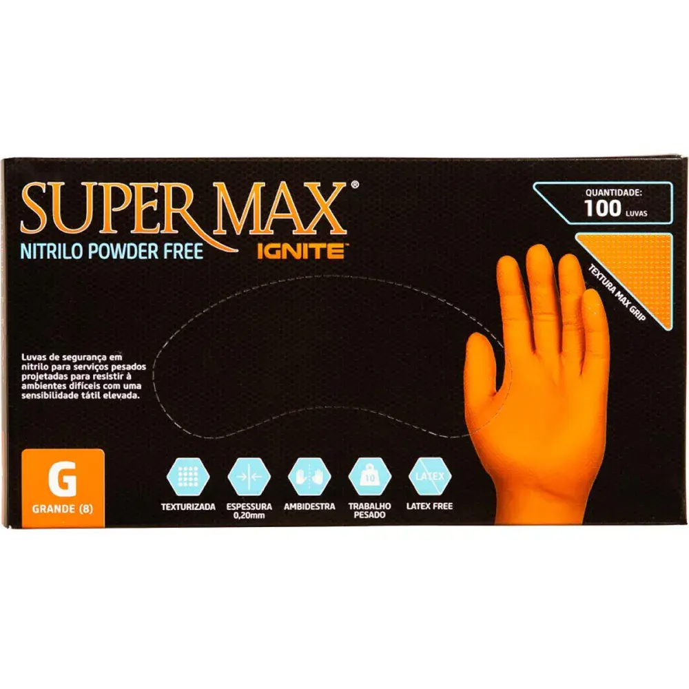 Luva nitrílica maxgrip laranja g com 100 peç Supermax — fotografia 3