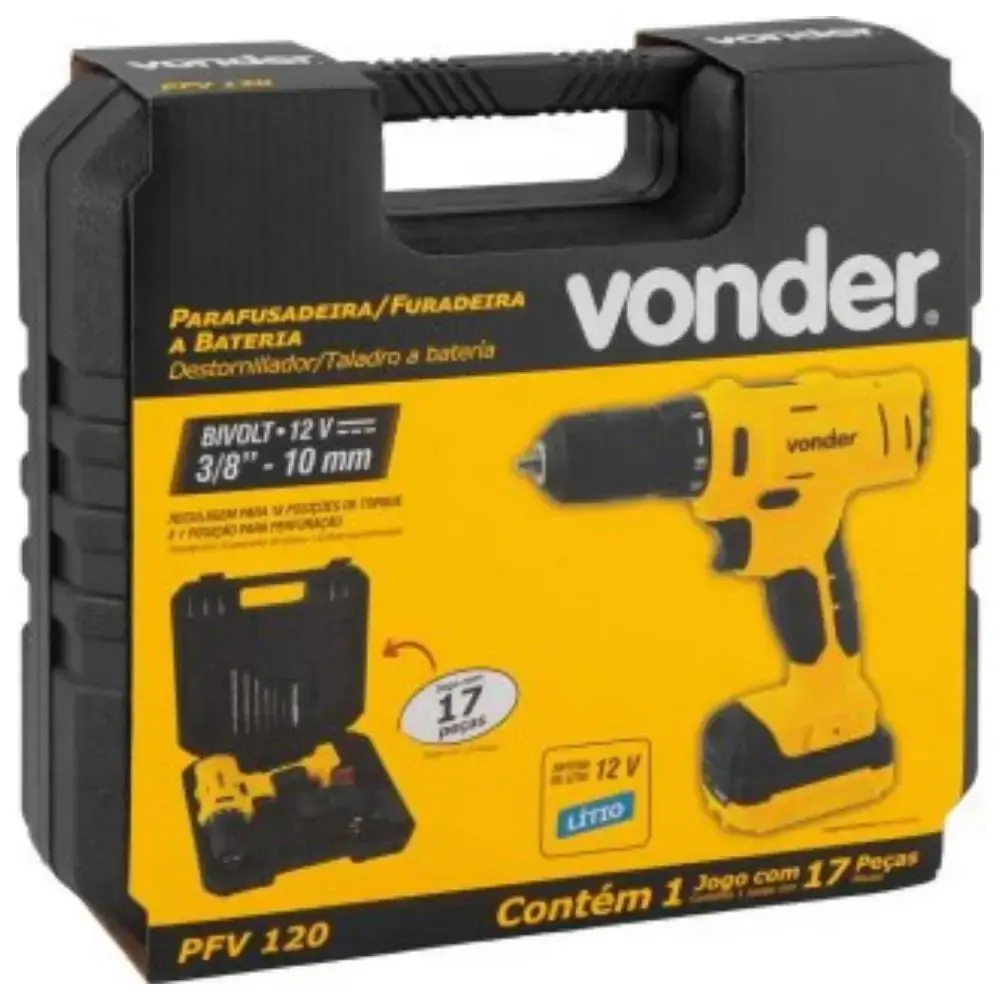Parafusadeira furadeira 12V com carregador bivolt maleta e acessórios PFV120 Vonder — fotografia 9