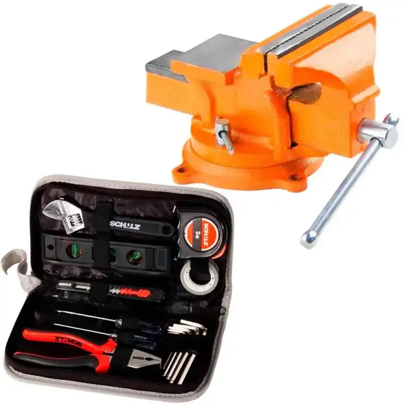 Morsa torno de bancada N°5 base giratória sparta + kit ferramentas 13 peças Schulz