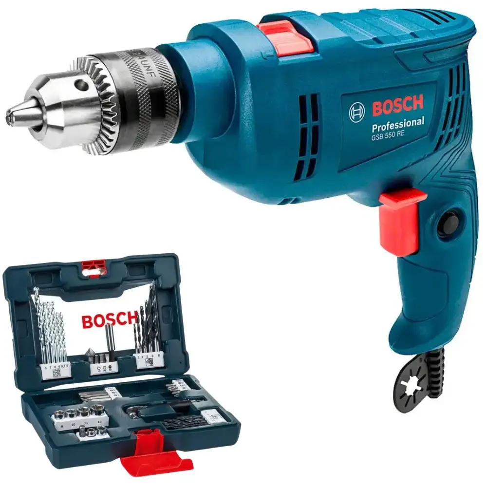 Furadeira impacto 1/2 POL 550W GSB 550 RE e kit brocas e pontas bits 41 peças Bosch 110 V — fotografia de referência