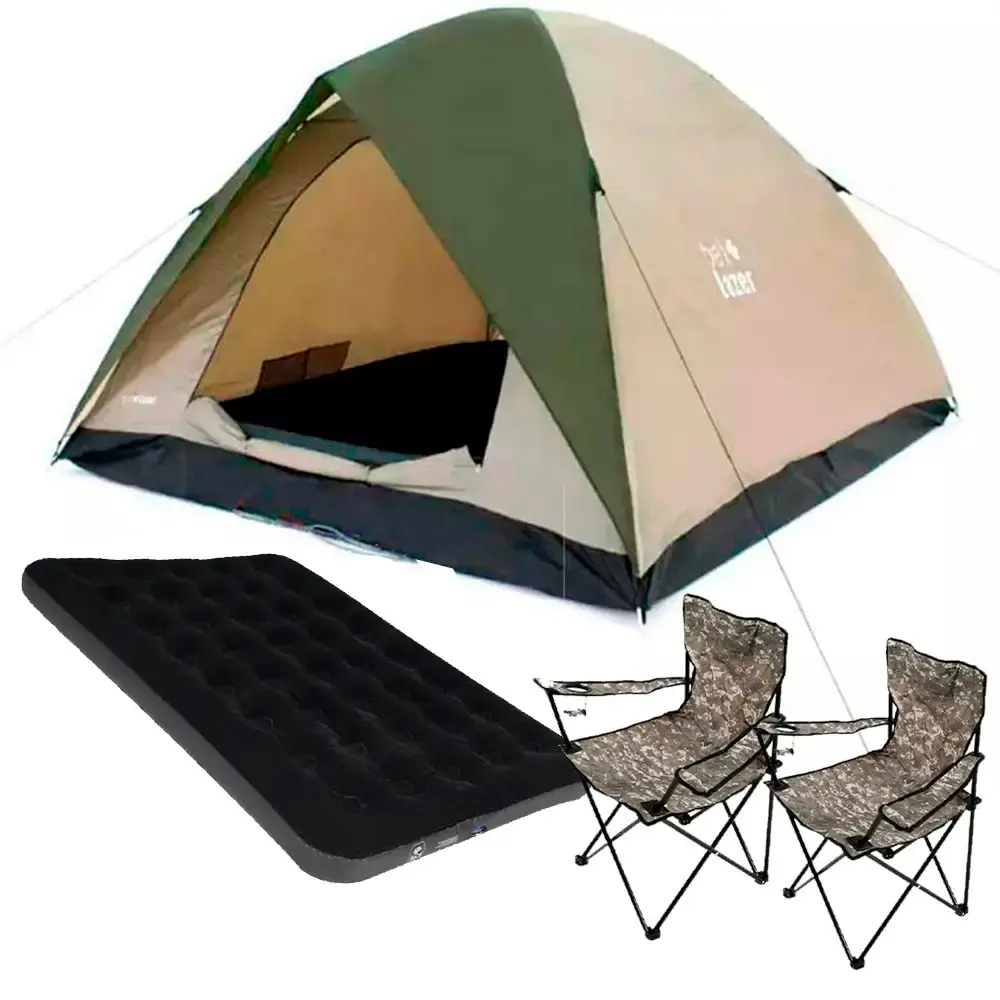 Barraca camping premium 2 cadeiras araguaia BEL e colchão inflável casal BEL