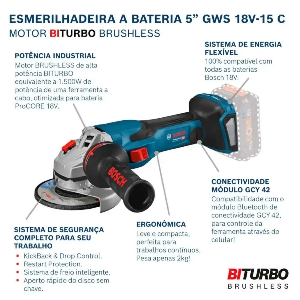 Esmerilhadeira angular 18V 4.1/2 POL brushless GWS 18V-15C com bateria Bosch — fotografia 5