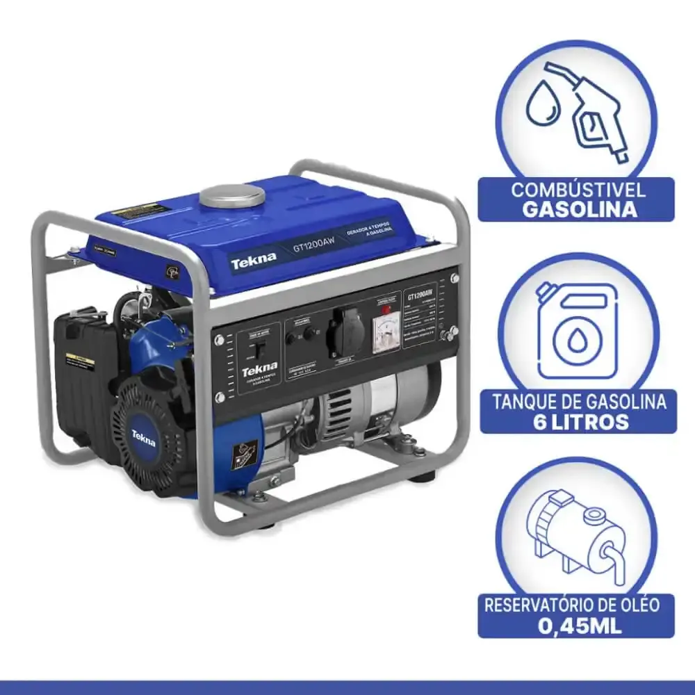 Gerador de Energia á Gasolina 1,2 KVA 4 Tempos GT1200 Monofásico TEKNA 110 V — fotografia 7