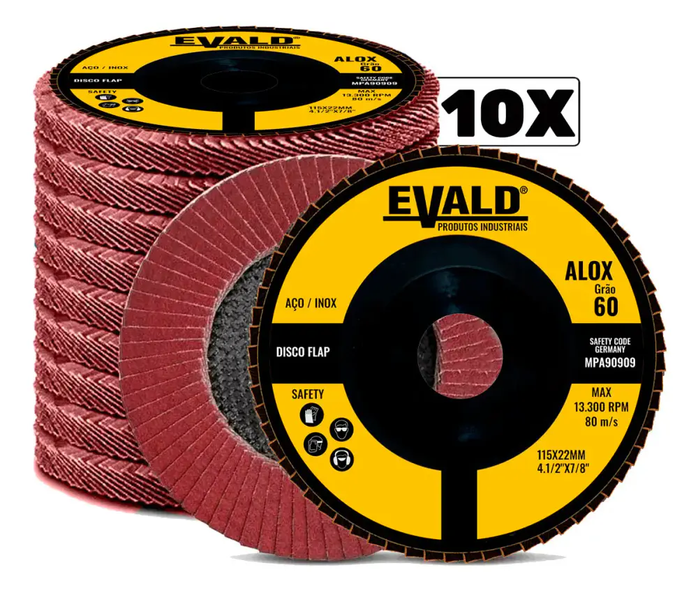 Disco de lixa flap 4.1/2 POL 115 MM aço inox grão 60 oxido de alumínio alox kit 10 peças Evald — fotografia de referência