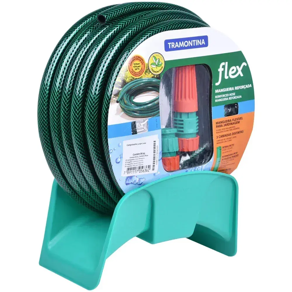 Mangueira flex em pvc 3 camadas 20M verde com suporte mural Tramontina — fotografia 3