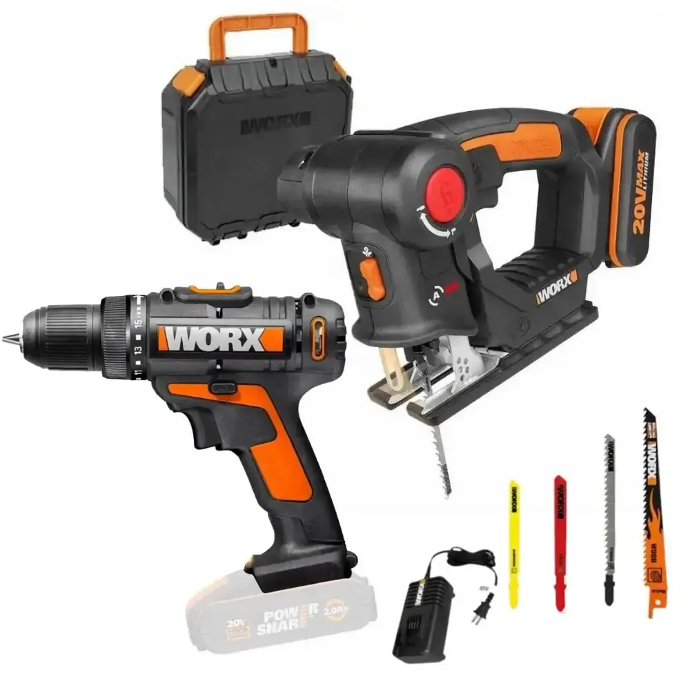 Parafusadeira e furadeira 20V WX100.9 sem bateria e carregador com serra sabre e tico-tico a bateria 20V WX550 Worx