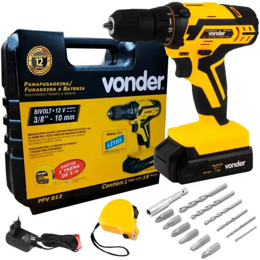 Furadeira parafusadeira 12V com bateria carregador bivolt e kit brocas, bits e trena PFV012 Vonder — fotografia 5