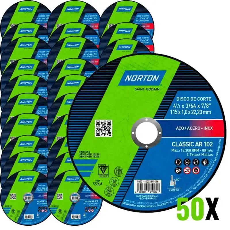 Kit discos de corte fino para inox 50 unidades classic Norton — fotografia de referência