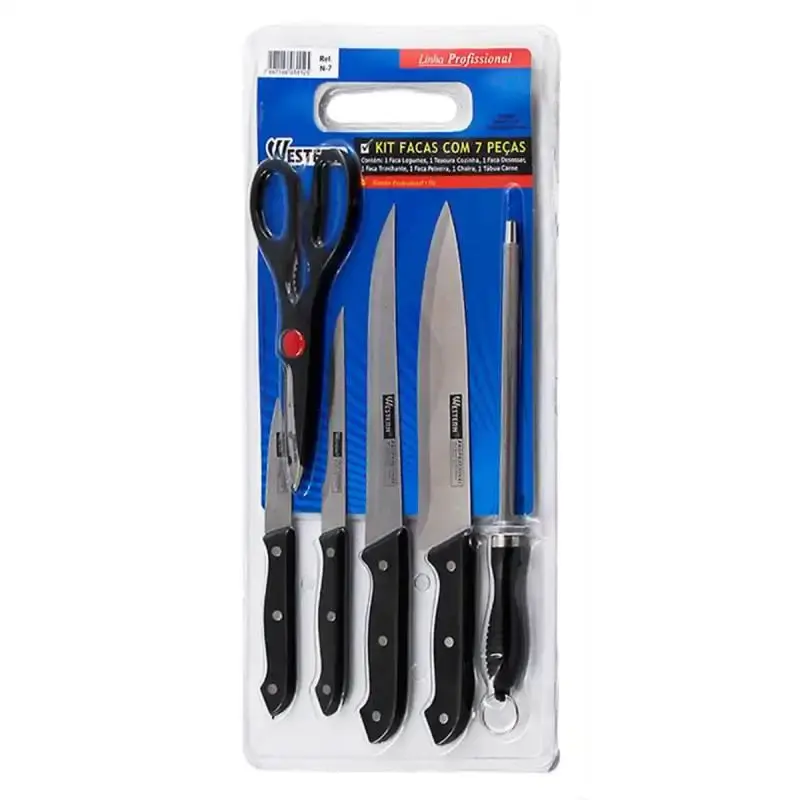 Kit de facas para cozinha com tesoura. chaira. tábua e facas 7 peças Western — fotografia 3