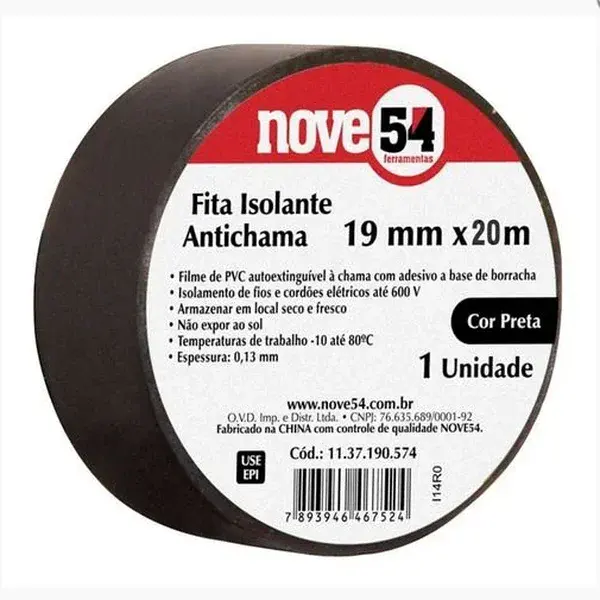 Fita Isolante Antichama 19MM x 20M Preta - Nove54
