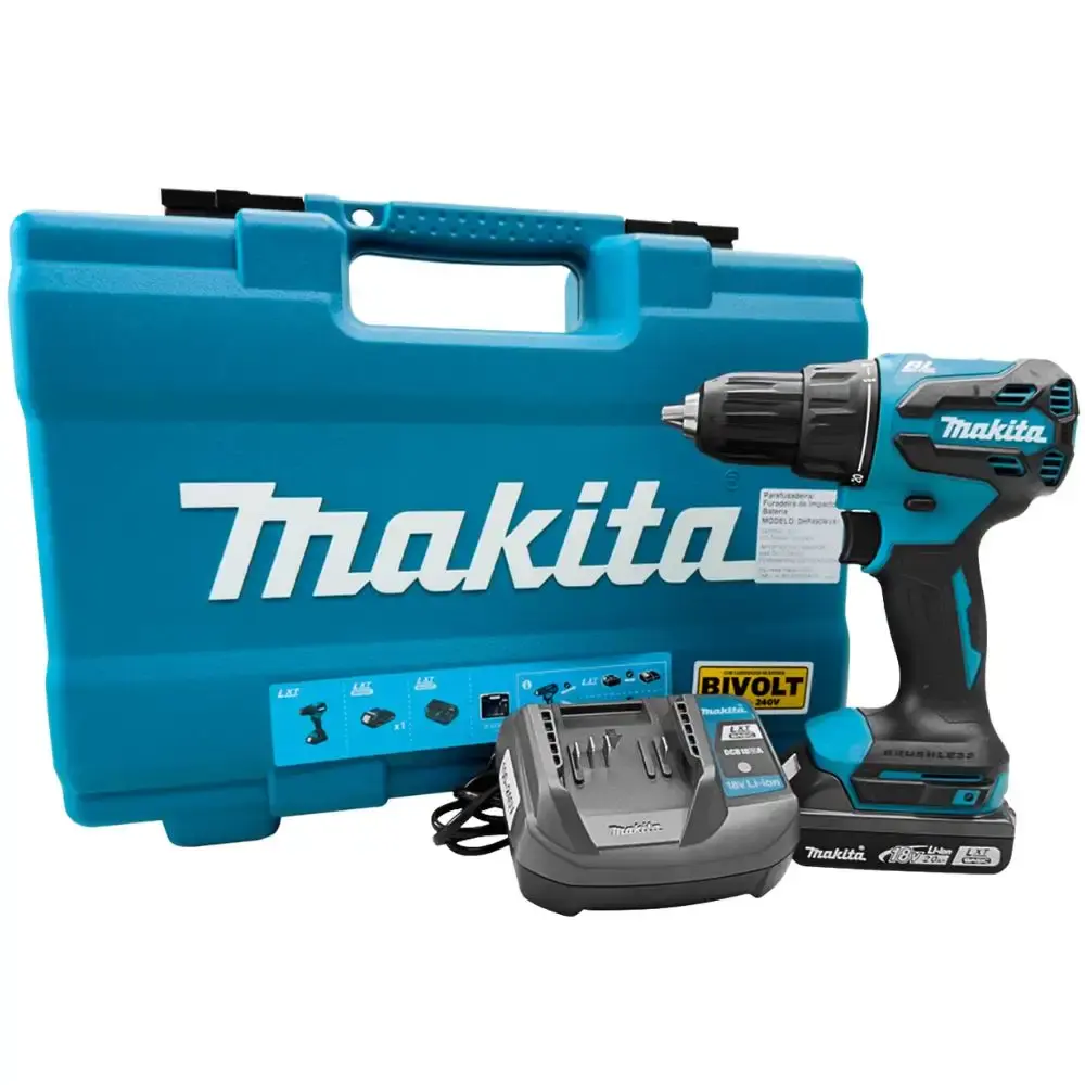 Parafusadeira furadeira impacto bateria 18V com carregador e maleta 74PÇS DHP490WVX1 Makita