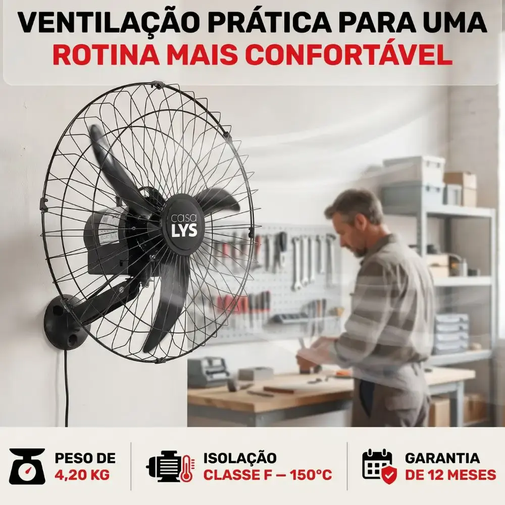 Ventilador de parede oscilante bravio 60 CM 160W bivolt com chave seletora casa LYS — fotografia 7
