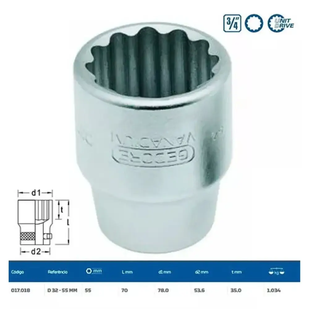 Soquete Encaixe 3/4 x 55 MM Estriado 017018 GEDORE — fotografia 5