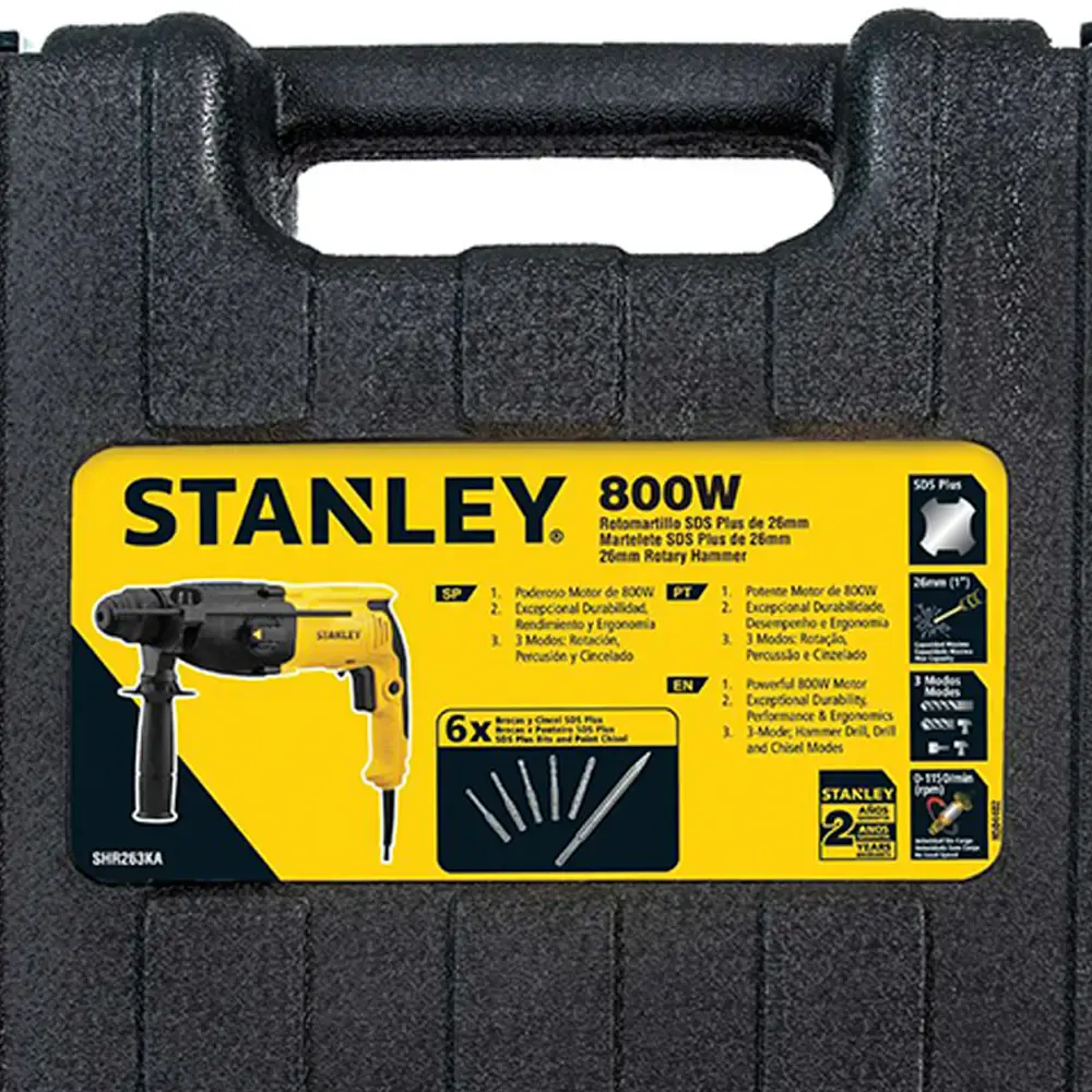 Martelete sds-plus 800W 2,4 KG 26 MM com kit 5 brocas e 1 ponteiro SHR263KA Stanley 220 V — fotografia 6