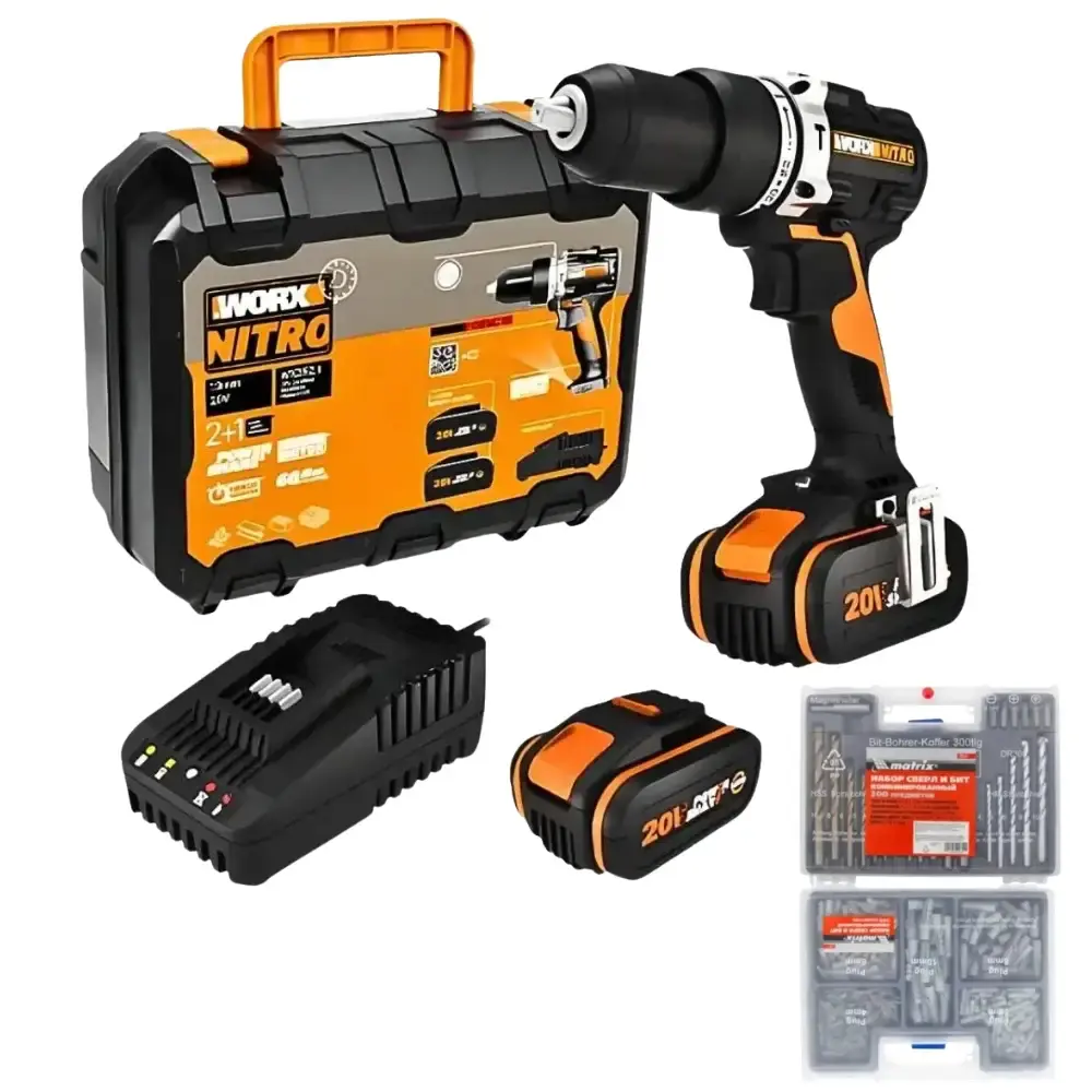 Parafusadeira de impacto 1/2 POL 20V worx com jogo de brocas bits e buchas 300 peças MTX Positec