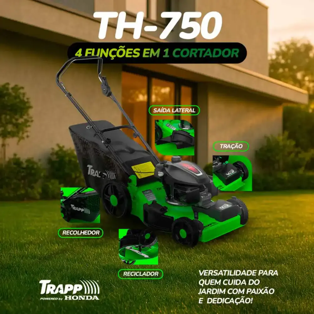 Cortador de grama gasolina 6,5 HP 4T roda alta recolhedor motor honda TH-750 Trapp — fotografia 3
