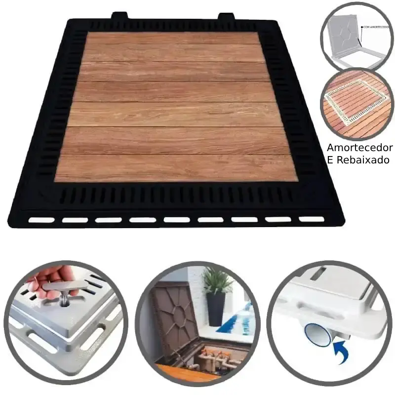 Tampão 80 x 80 CM Rebaixado Articulado c/ Grelha Casa de Máquinas de Piscinas 3182 Preto Fosco Amortecedor GDA