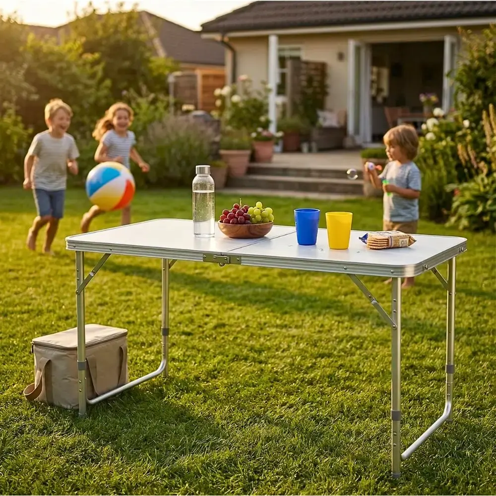 Mesa dobrável vira maleta camping de alumínio 120CM x 60CM branca 3 níveis de altura Zelt — fotografia 2