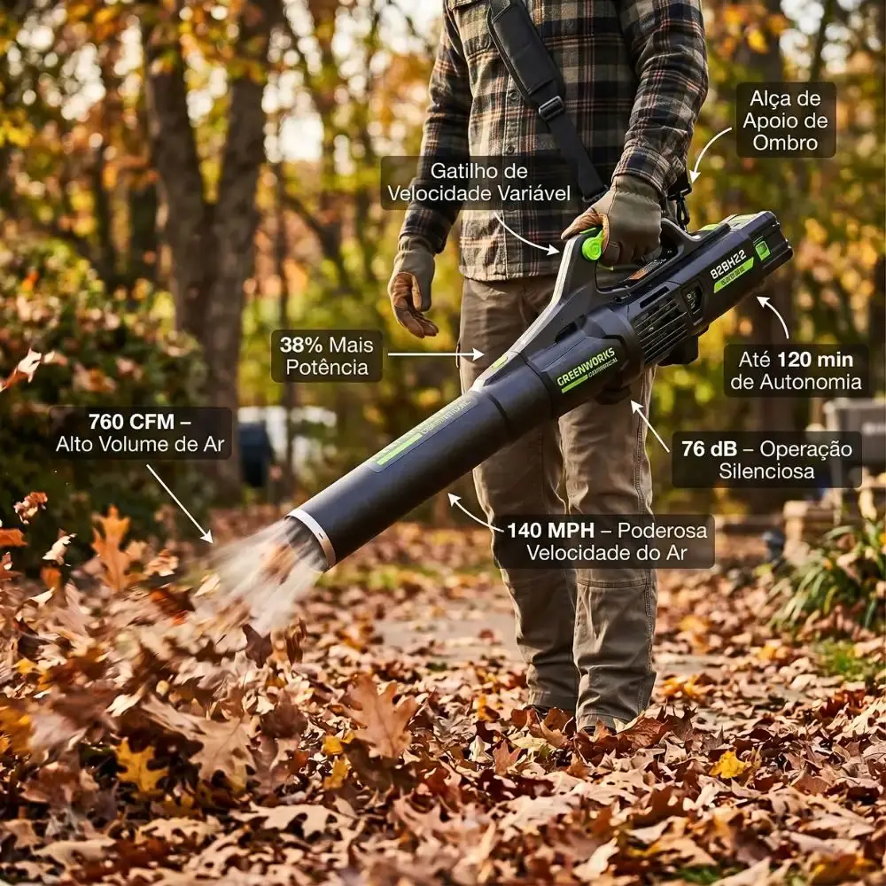 Roçadeira brushless 82V com soprador de folhas 760CFM + 2 baterias de lítio 4,0AH e carregador bivolt Greenworks — fotografia 6