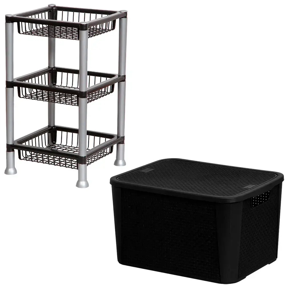 Caixa organizadora rattan 42 litros e organizador fruteira 3 andares Plasnew