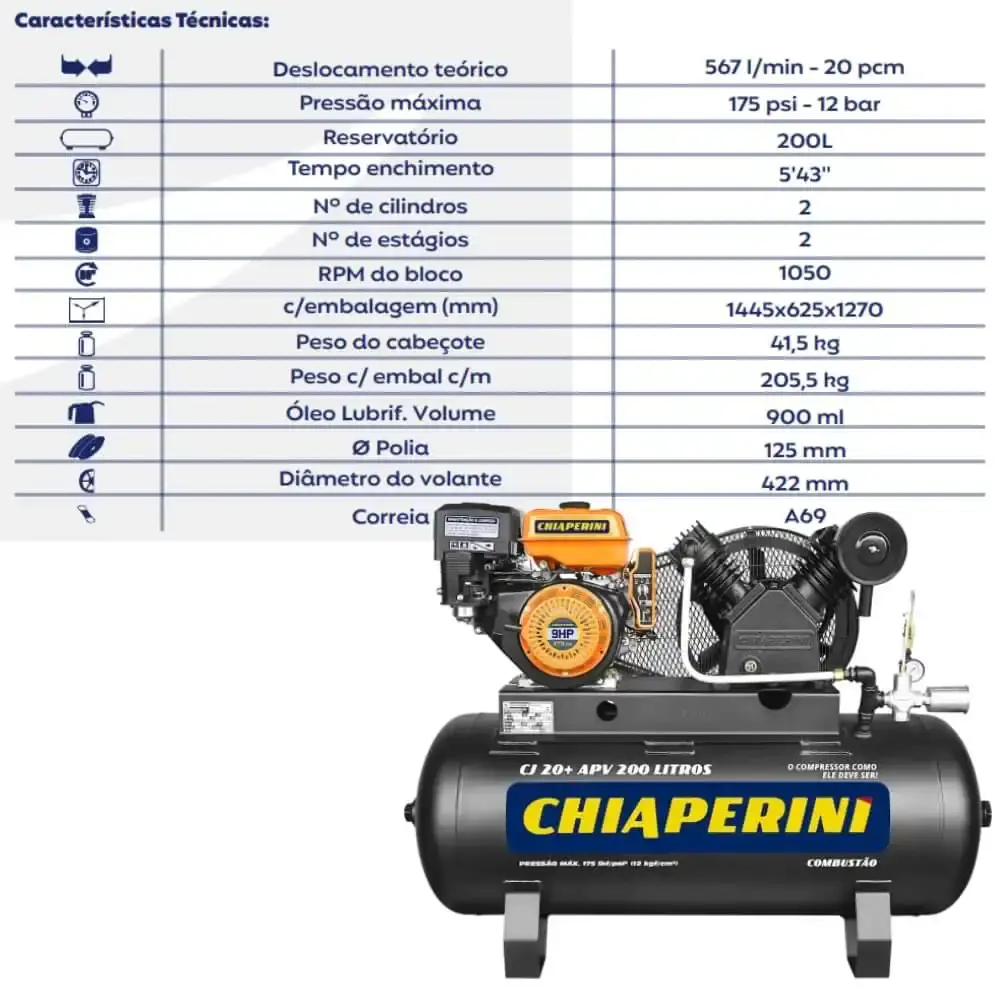 Compressor RCH à gasolina 20 pés 9HP 200L 26212 Chiaperini — fotografia 5