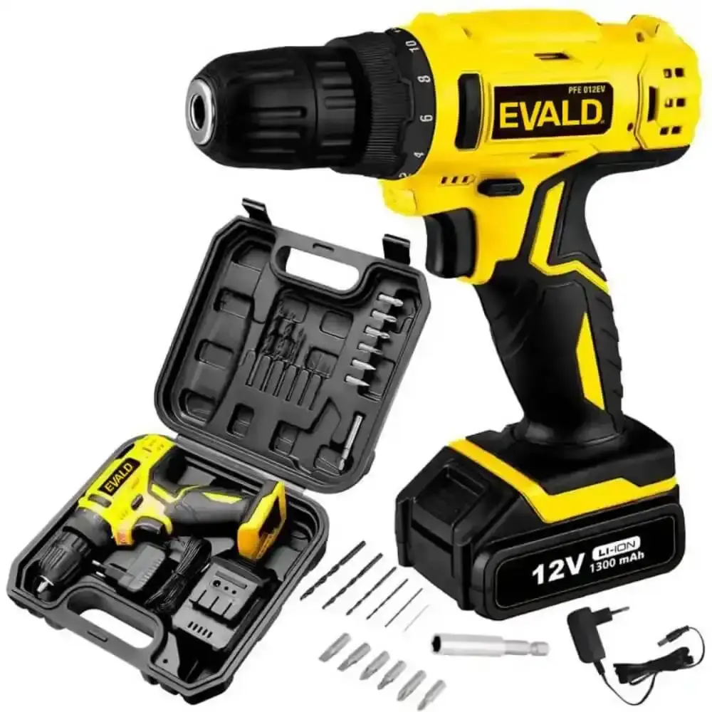 Parafusadeira a bateria 12V bivolt PFE-12EV com maleta e kit brocas 41 pçs EV-EBB41 Evald — fotografia 3