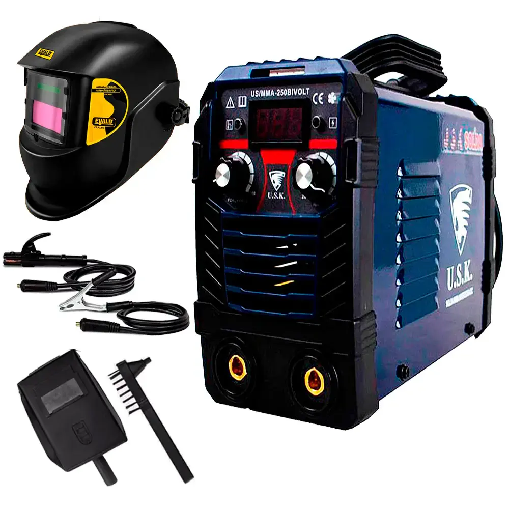 Kit máquina de solda inversora MMA-250 painel digital bivolt 110/220V + máscara de solda automática USK