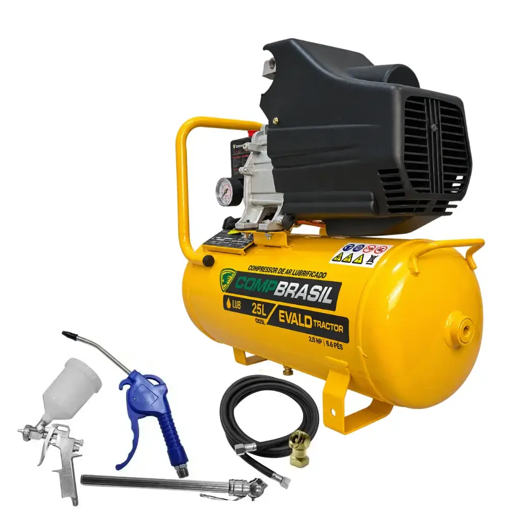 Compressor portátil lub 8,6PÉS 2HP 25 litros com kit multiuso 5 pçs evald tractor combrasil 110 V Compbrasil — fotografia 4