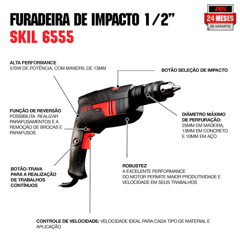Furadeira de impacto com 14 brocas 1/2” 2800RPM 570W 220V Skil — fotografia 7