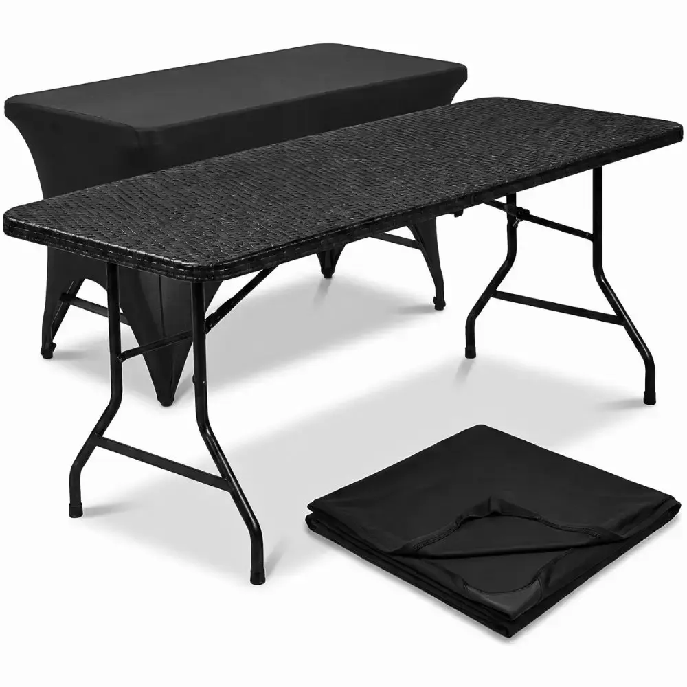 Kit Mesa Dobrável Rattan 180 x 74 x 74 CM Vira Maleta com Toalha Capa Elástica Preta CASA LYS Zelt