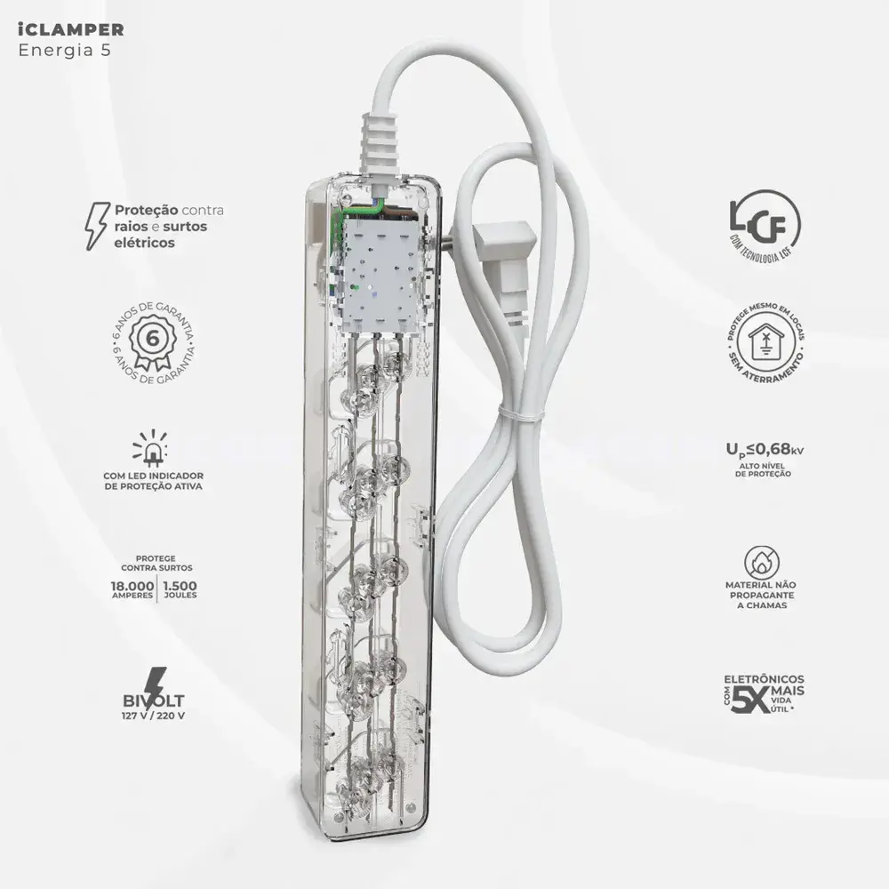 Filtro de linha dps CL3 5 tomadas 2P+T 10A transparente Clamper — fotografia 5