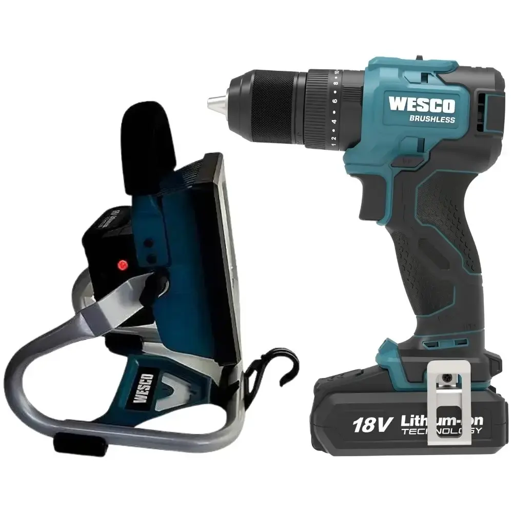 Parafusadeira 1/2 POL 18V e refletor de LED com bateria 18V e carregador Wesco — fotografia 3