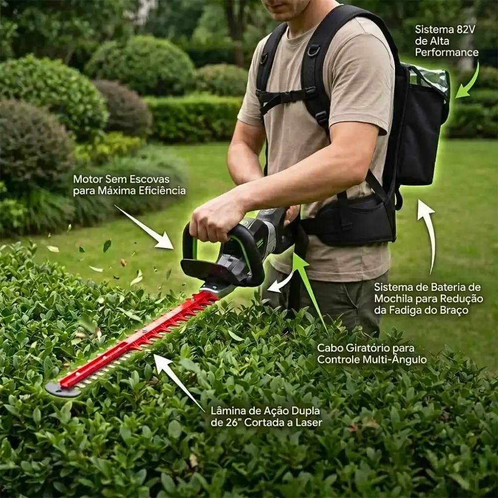 Aparador de cerca viva 82V 26POL 82H26D com mochila Greenworks — fotografia 7